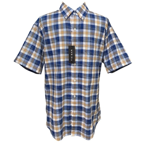 The Tie Bar Other - Tie Bar Blue Brown Plaid Trim Fit Short Sleeve Button Down Shirt Medium NWT